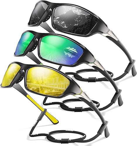 Miniatura 37 de Paquete de 3 lentes de sol deportivos polarizados para hombres, gafas de sol masculinas envolventes con protección UV para ciclismo, pesca y