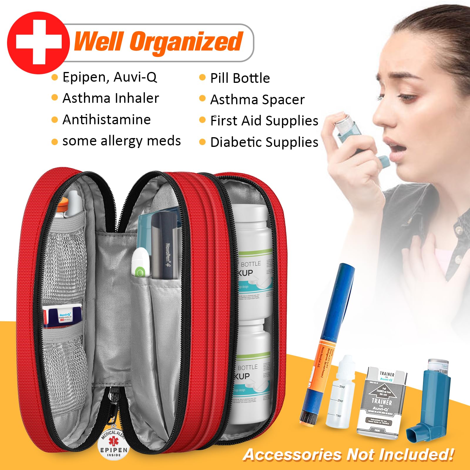SITHON EpiPen Medical Tragetasche mit Epipen Inside Schlüsselanhänger, tragbare Doppelschicht Tasche Organizer für 2 EpiPens, Asthma-Inhalator, Anti-Histamin, Auvi-Q, (Rot)