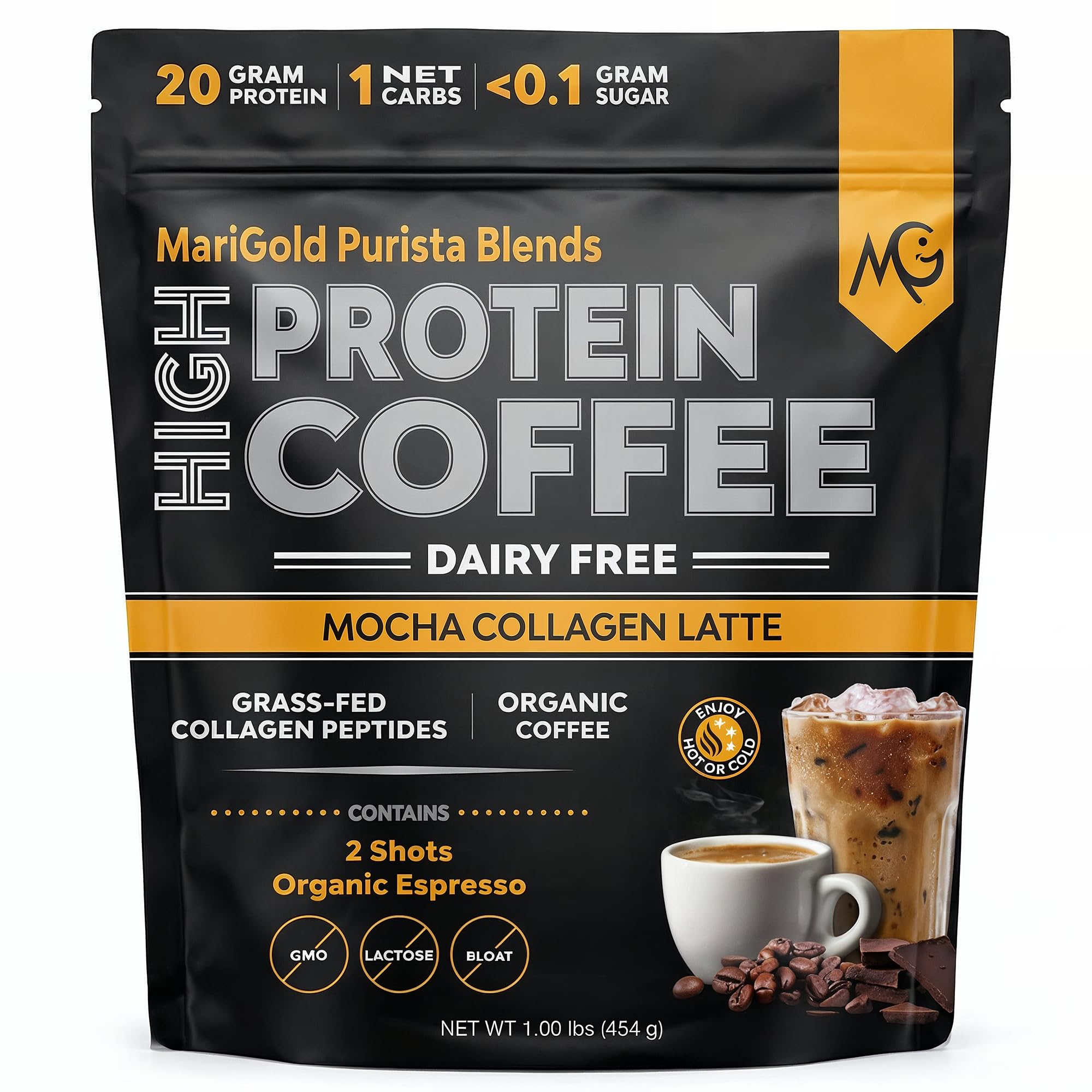 MariGold Collagen Coffee, Mocha Latte - 1lb Bag, 15 Servings Mocha Latte 1 Pound (Pack of 1)