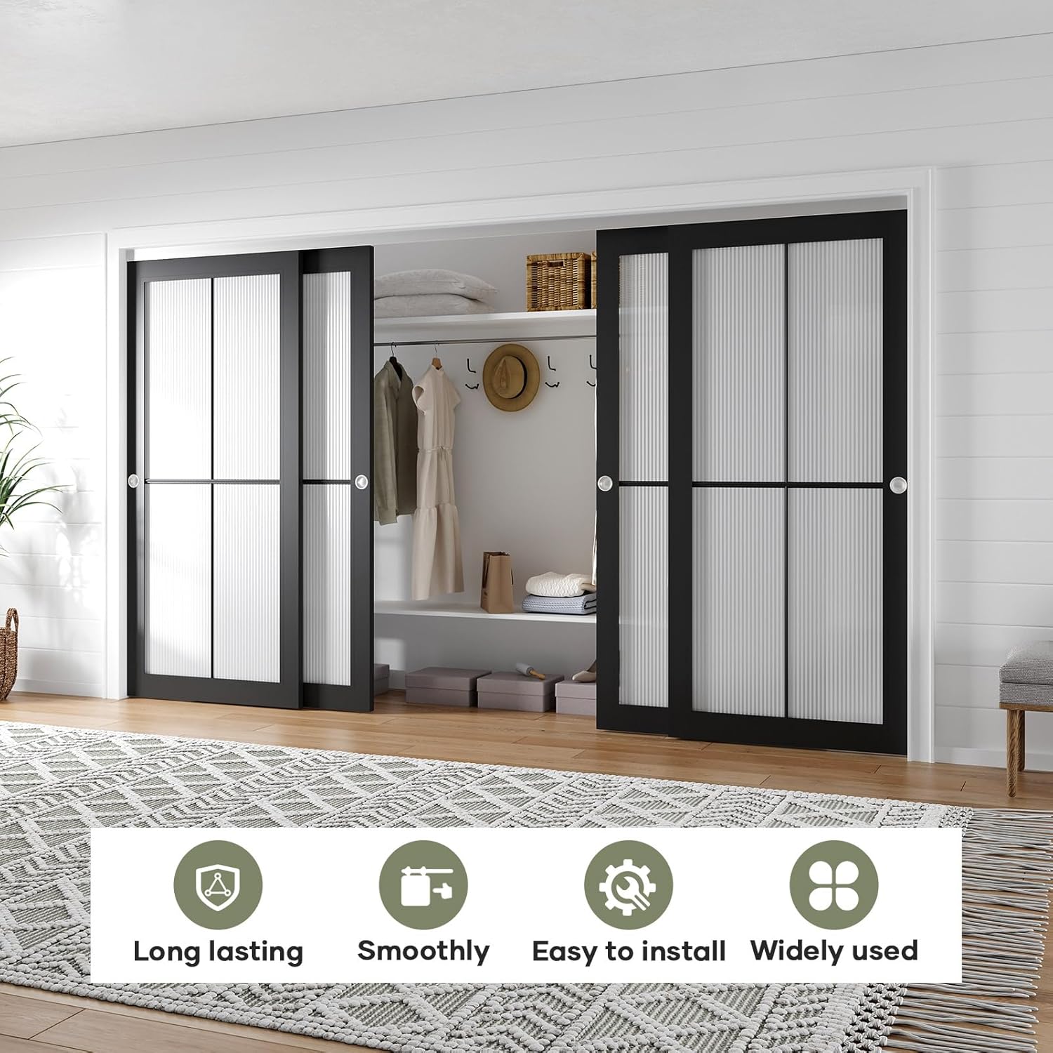 EaseLife 12FT/144in Bypass Double Sliding Pocket Door Hardware Kit,Commercial Grade,Aluminum,Bypassing Wardrobe Closet Door Track for 4 Door System,Slide Smoothly Quietly,Easy Install,No Door