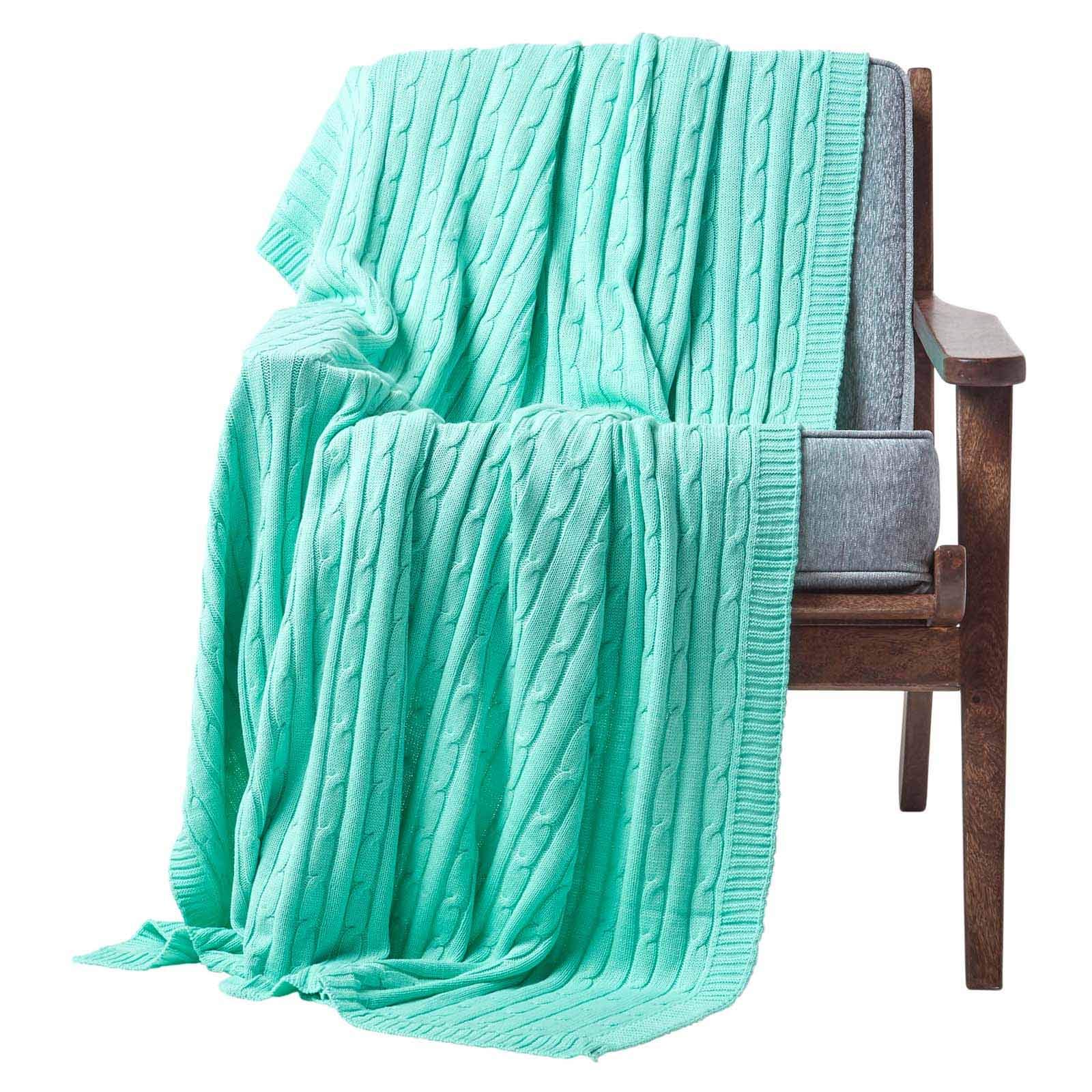 Homescapes Cotton Cable Knit Throw Soft & Cosy Vintage Blanket in Green | Size: 150cm x 200cm
