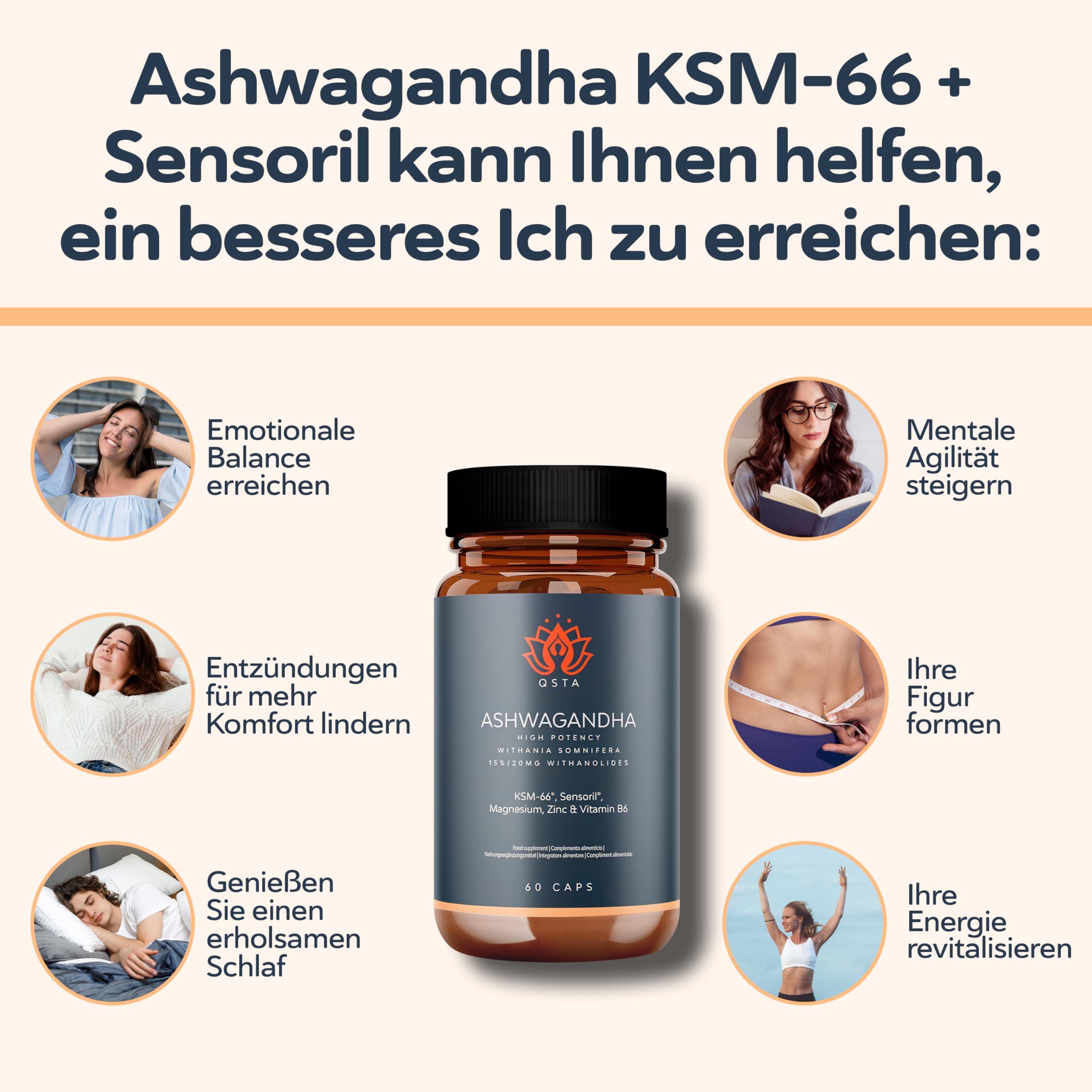 Ashwagandha KSM-66 Kapseln Hochdosiert mit Sensoril | für Cortisol Senken, Tiefschlaf, Wohlbefinden, Energie & Konzentration - 2 Monate Ashwagandha kapseln