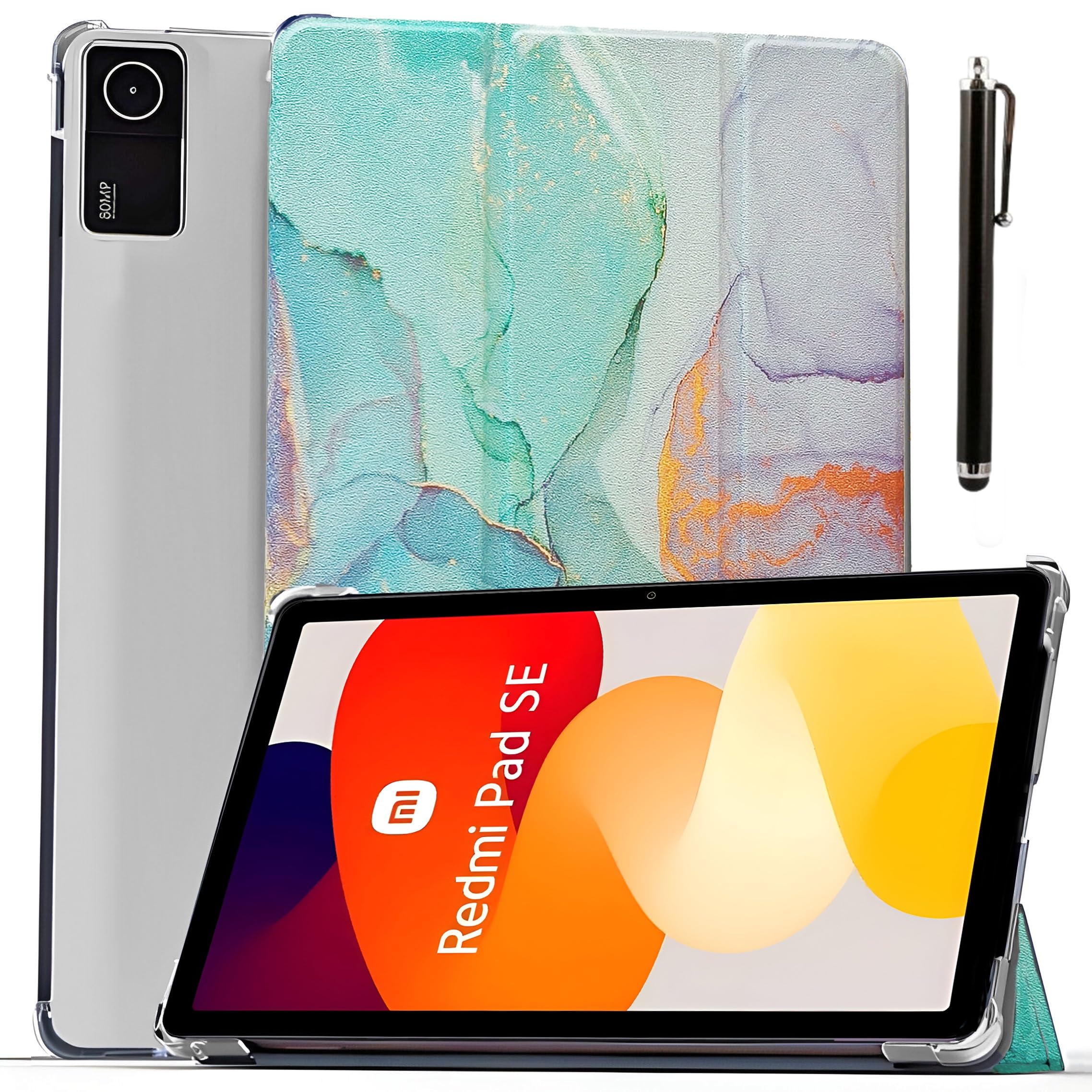 ProElite Case Cover for Redmi Pad SE 11 inch Cover, Smart Flip Case Cover for Redmi Pad SE 11 inch Translucent Back with Stylus Pen [Auto Sleep Wake Feature], Marble Green