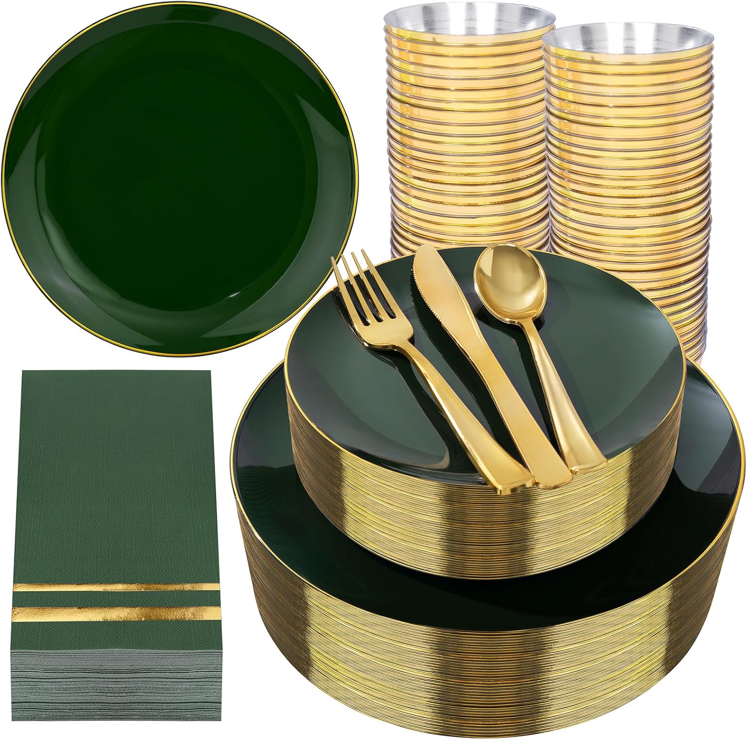 NOCCUR 350PCS Green Plastic Plates - Disposable Green Gold Dinnerware Set for 50 Guests, 100 Dinner/Dessert Plates, 150 Gold Silverware, 50 Cups&50 Napkins for Party ＆ Wedding ＆ St. Patrick's Day
