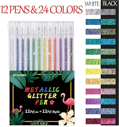 Miniatura 9 de HUJUGAKO Bolígrafos de gel con purpurina, paquete de 36 bolígrafos metálicos brillantes para colorear con funda, 18 bolígrafos de colores con 18