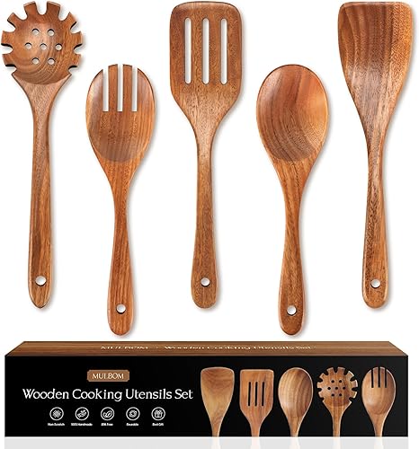 MULBOM Juego de 5 cucharas de madera para cocinar, utensilios de cocina de teca natural, superficie antiadherente lisa, juego de utensilios de