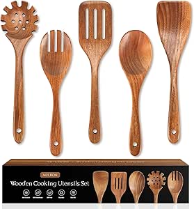 Acacia Wooden Cooking Utensil Set – 6-Piece Non-Stick Kitchen Spoons With Smooth Grip & Hanging Holes (Black)