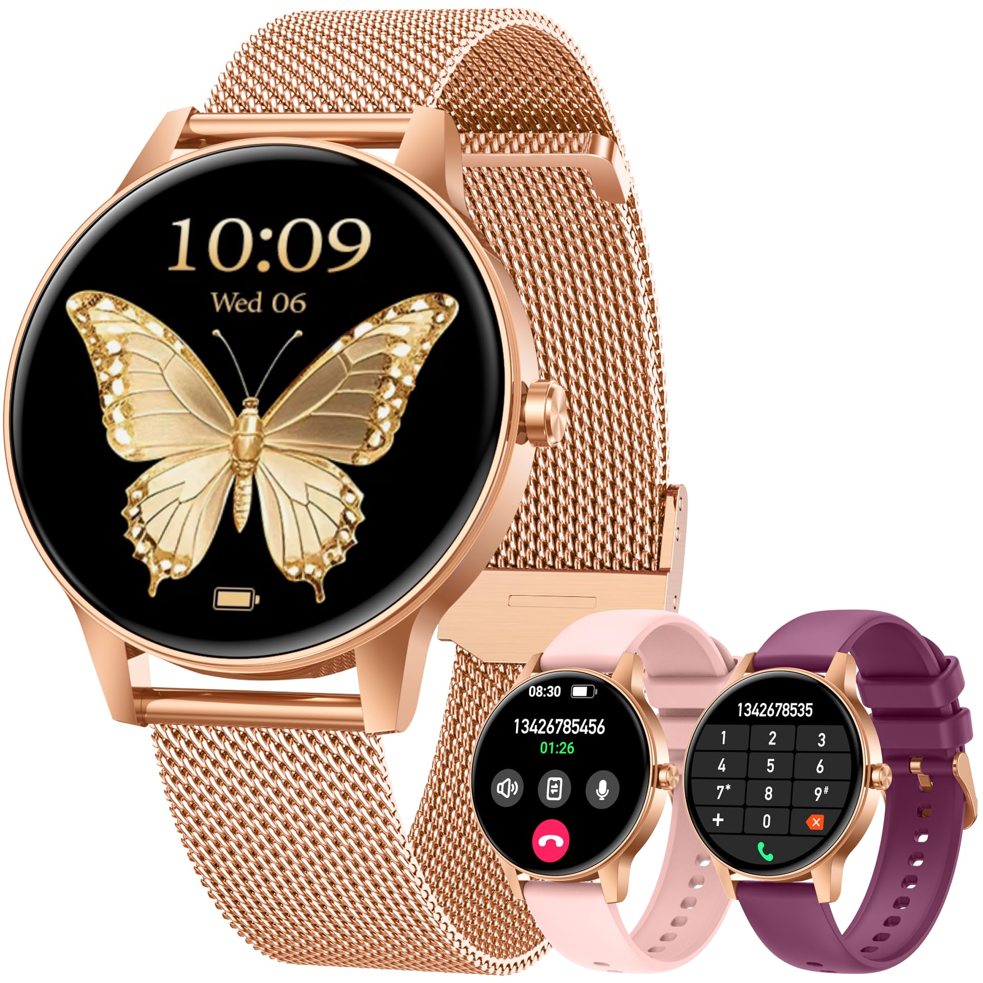 Smartwatch Donna Orologio Chiamate Bluetooth: 1,27" Tondo Touch Orologi Smart Watch da Impermeabile Sport Fitness Contapassi Cardiofrequenzimetro Pressione Caloriec Oro Polso per Android iOS Telefono