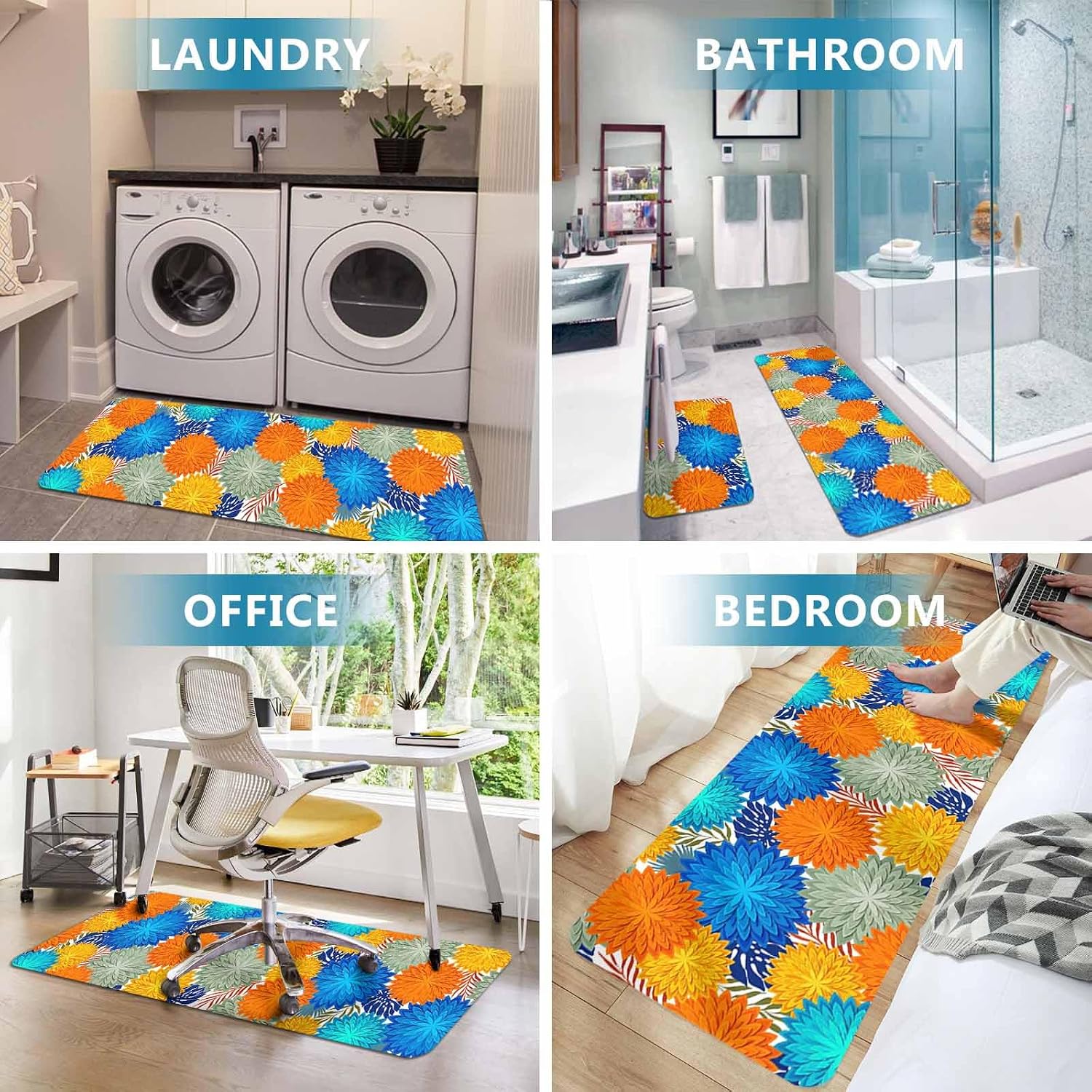Dahlias Bloom Kitchen Mat Set 2 Pieces Modern Exotic Minimalist Blue Yellow Orange Flowers Non Slip Kitchen Rugs Washable Runner Rug Mats for Floor Sink Laundry Office 19.7" x 31.5"+19.7" x 63"