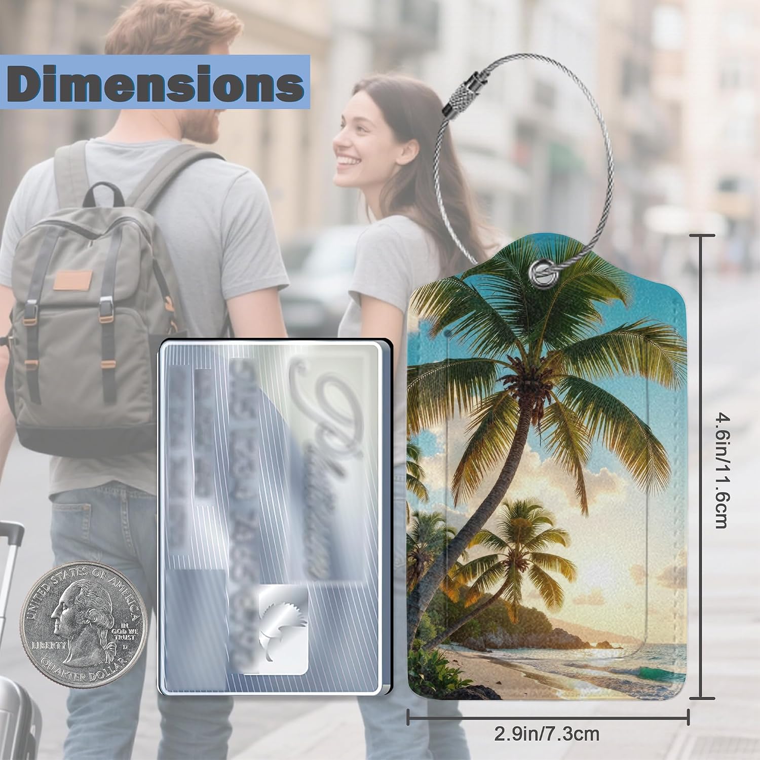 3 Pack Tropical Palm Beach Luggage Tag for Suitcase Leather Travel Cruise Luggage Tag with Stainless Steel Loop Name ID Label Privacy Cover for Travel Bag Labels Set (Coconut Palm Tree)