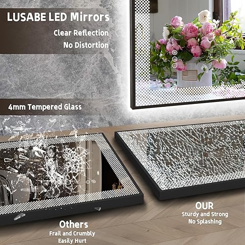 Miniatura 5 de LUSABE Espejo de baño LED con marco negro de 60 x 28 pulgadas con retroiluminación frontal, espejo de tocador grande iluminado para pared, doble