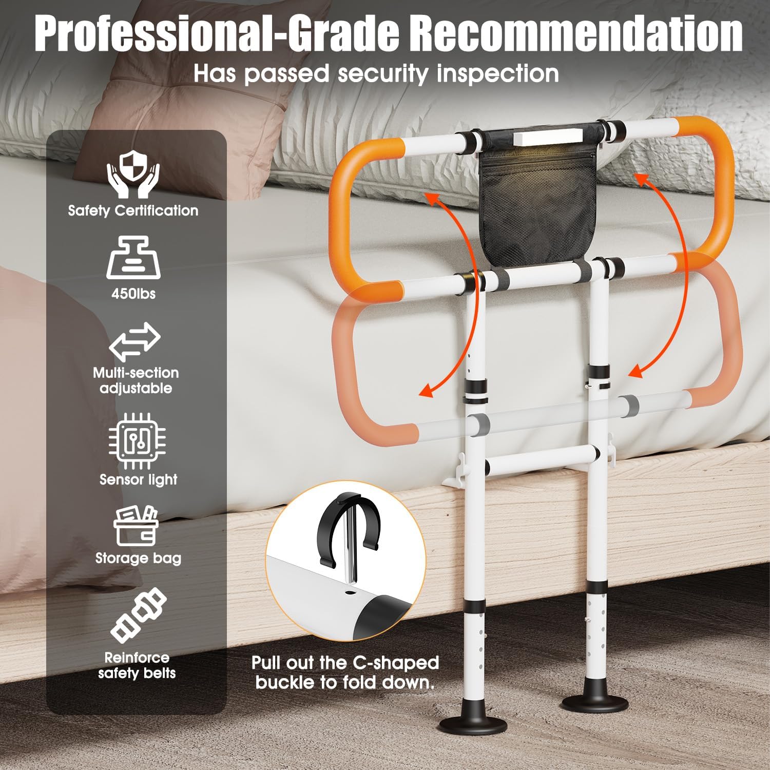 zelvia bed rails for elderly adults safety with motion light & storage pouch - retractable & foldable bed handrails assist bedrails for seniors, surgery patients & handicap-white&orange