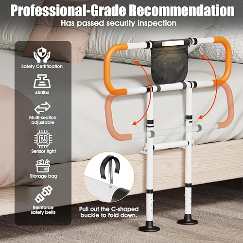 Miniatura 2 de Zelvia Rieles de cama para adultos mayores de seguridad con luz de movimiento y bolsa de almacenamiento, pasamanos de cama retráctiles y plegables