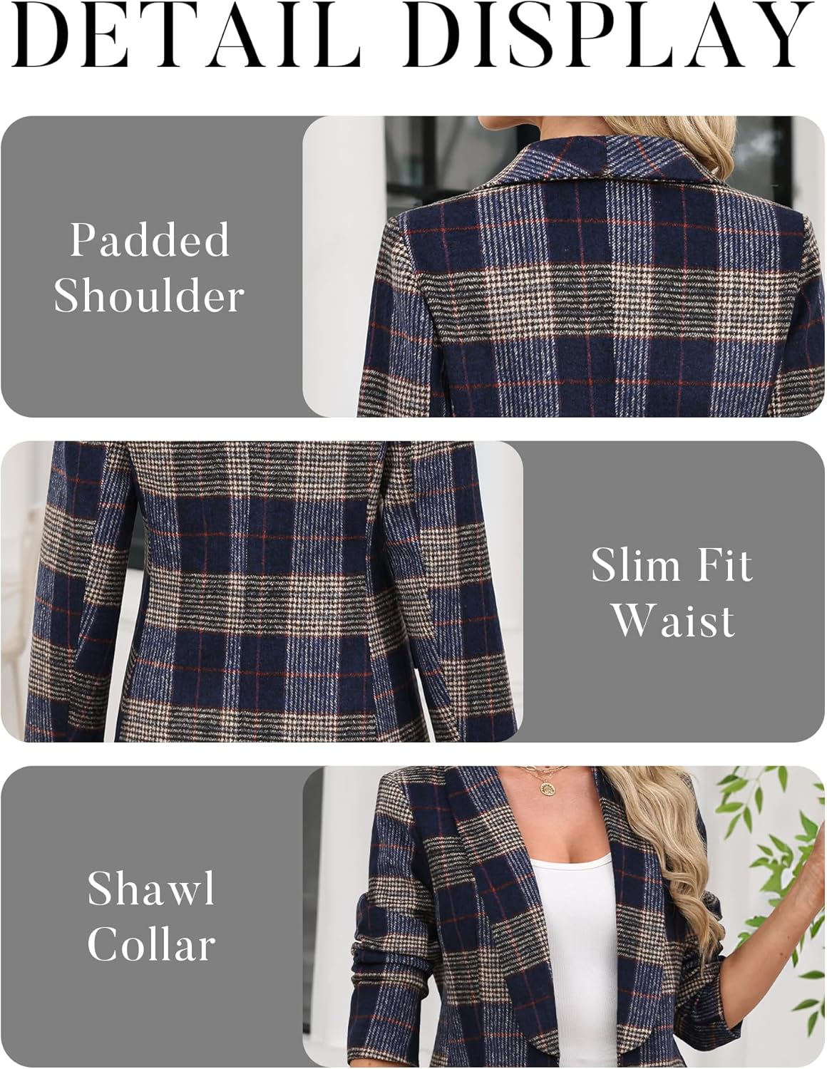 ELLEVEN Women's Shawl Collar Plaid Boyfriend Blazer，Business Casual Open Front Houndstooth Work Office Suit Jackets