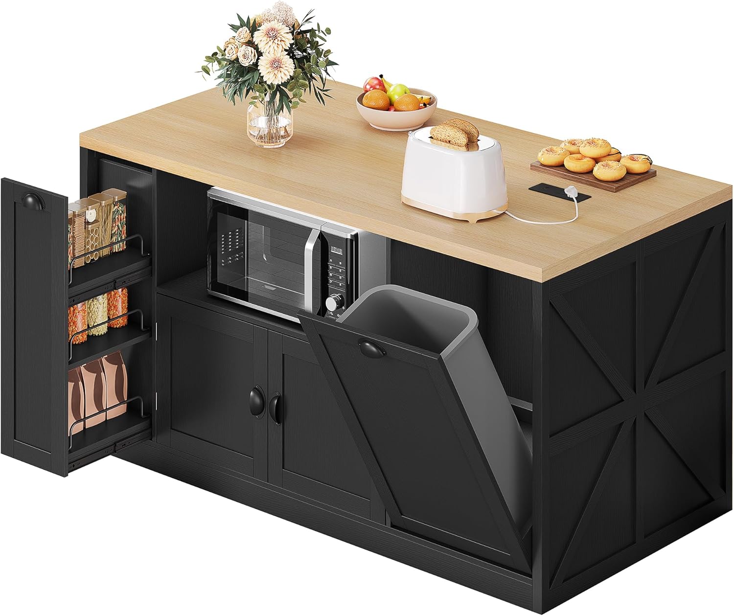Kitchen Island with Storage, 63" W Large Island Table with Trash Can, Farmhouse Kitchen Islands with Power Outlet/LED, Rolling Kitchen Cart with Storage for Dining Room, Black