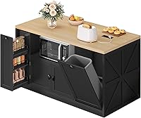 Homiflex 63" Rolling Kitchen Island with Trash Can, LED Lights, Power Outlets & Storage - Black Farmhouse Cart