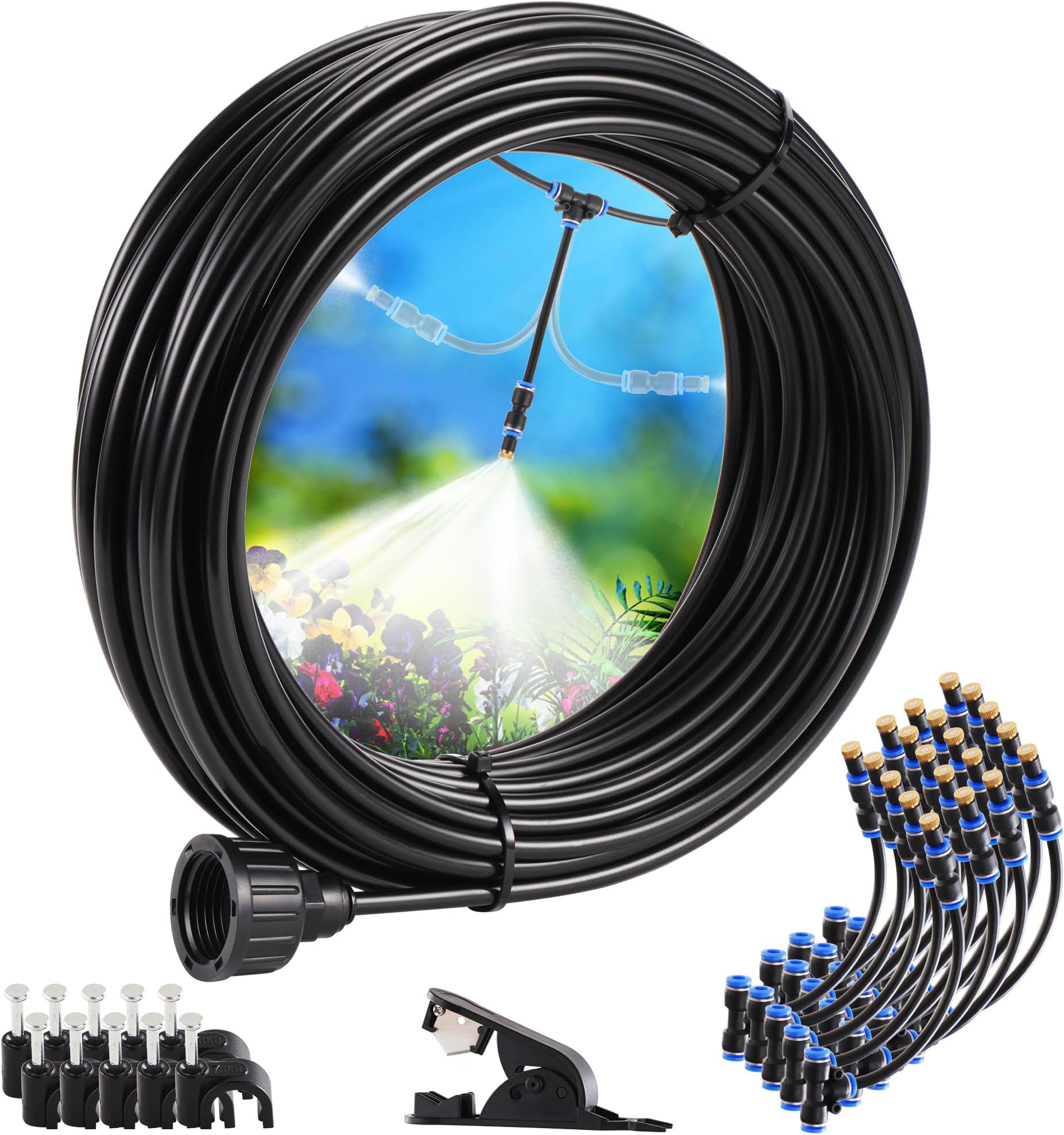 DRNCURN Portable Outdoor Misting Cooling System with 20pcs 360 Adjustable Nozzles for Patio, Garden, Greenhouse, Trampoline, Sprinkler - DIY 66FT (20M) Misting Line with Adapter 3/4
