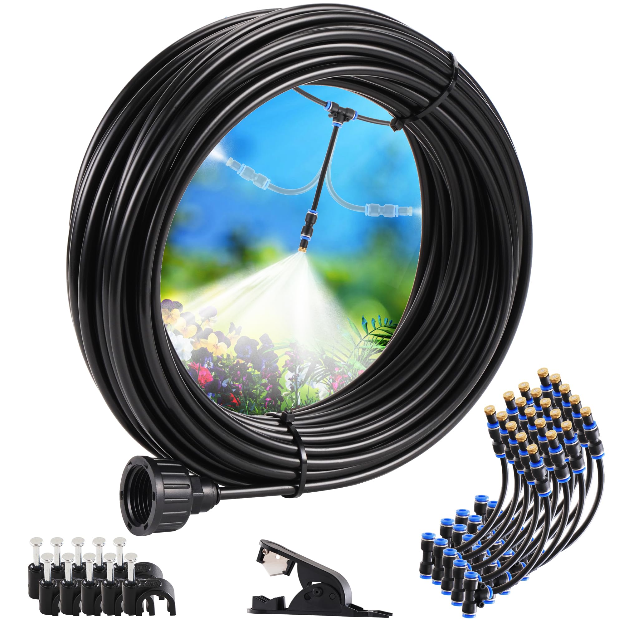 DRNCURN Misting System for Patio with 20pcs 360° Adjustable Nozzles, Portable Outdoor Misting Cooling System for Garden Greenhouse Trampoline Sprinkler, DIY 66FT (20M) Misting Line with Adapter 3/4"