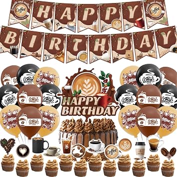 Coffee Birthday Decorations Coffee Party Supplies Includes Coffee Happy Birthday Banner Cake Topper Cupcake Toppers Balloons for Coffee Themed Party Decorations