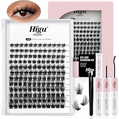 Higu clace Lash-Clusters-Kit,144Pcs D Curl Wispy Lash Clusters,8-16mm Natural Lash-Extension-Kit,with Lash Bond and Seal, Eyelash Tweezers(R-08)