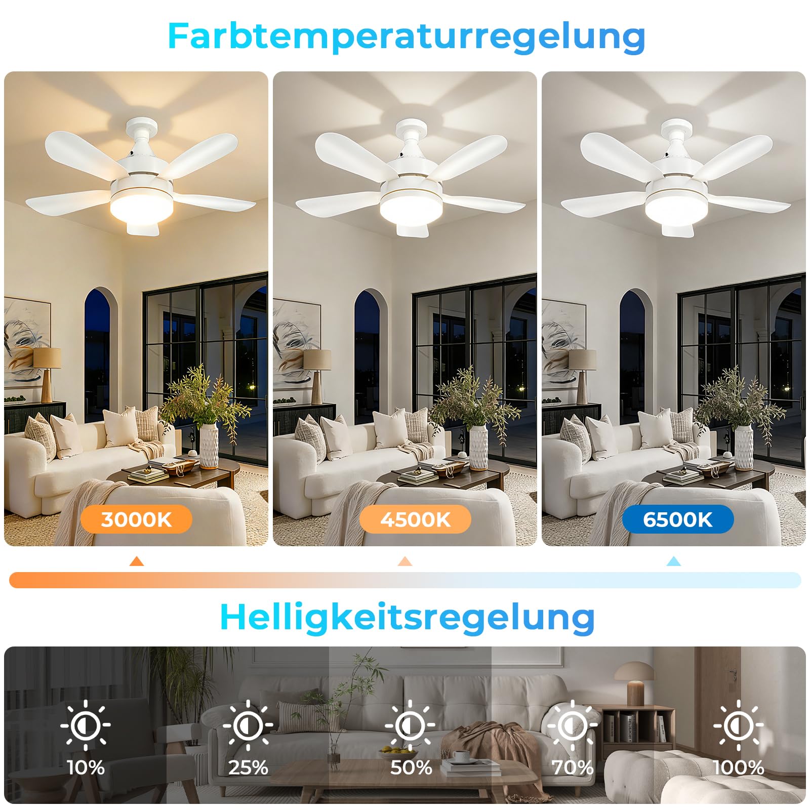 Ventilateur de plafond avec lumière et télécommande – Lampe de plafond avec ventilateur, silencieux, CRI≥85, 45 cm, minuterie, 3000K-6500K dimmable LED – pour chambre, salle à manger, salon