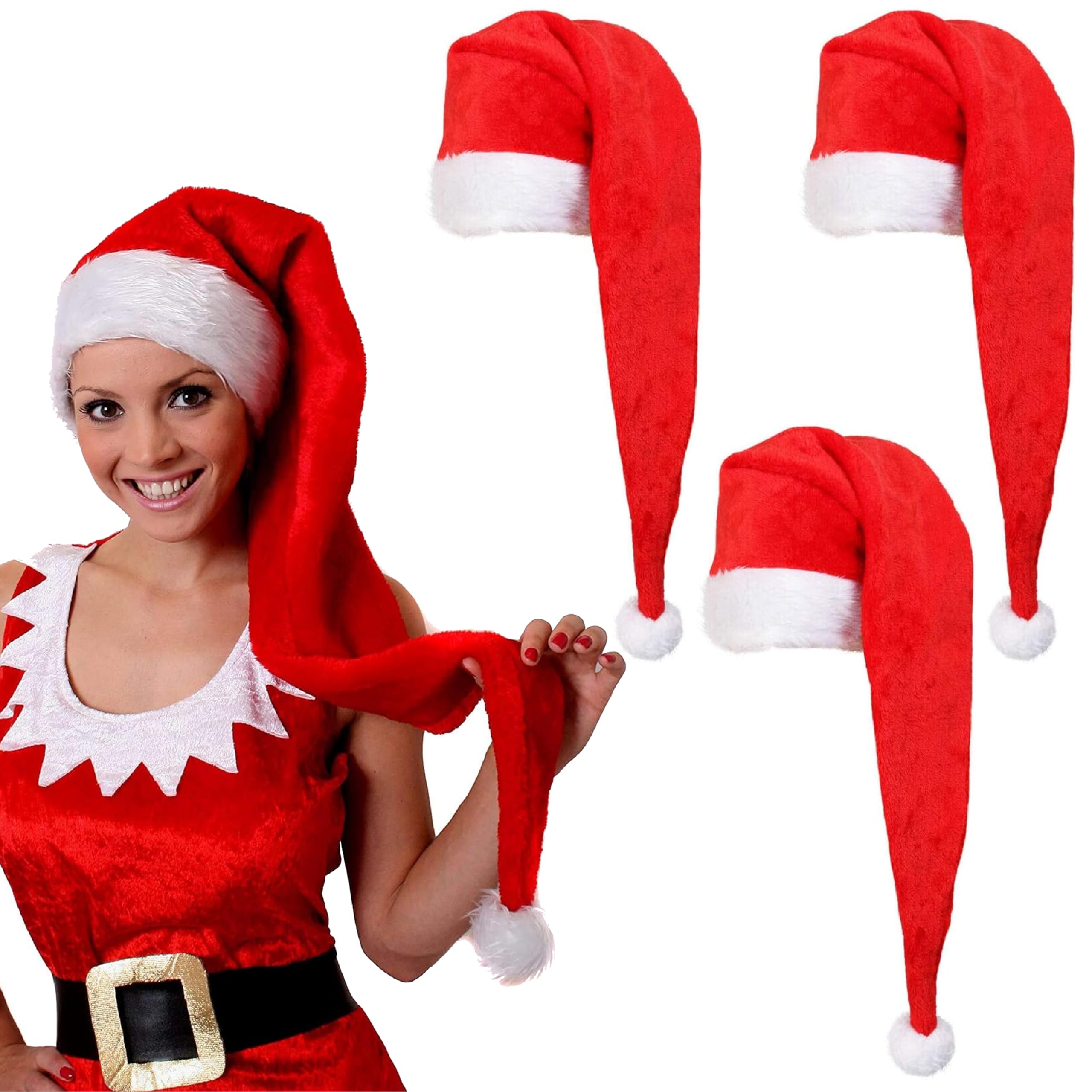 ILOVEFANCYDRESS Santa Hat Christmas Fancy Dress Hat - Long Plush Santa Claus Father Christmas Hat - Ladies Mens Red Xmas Hat With White Trim & White Bobble Bulk - Pack Of 48