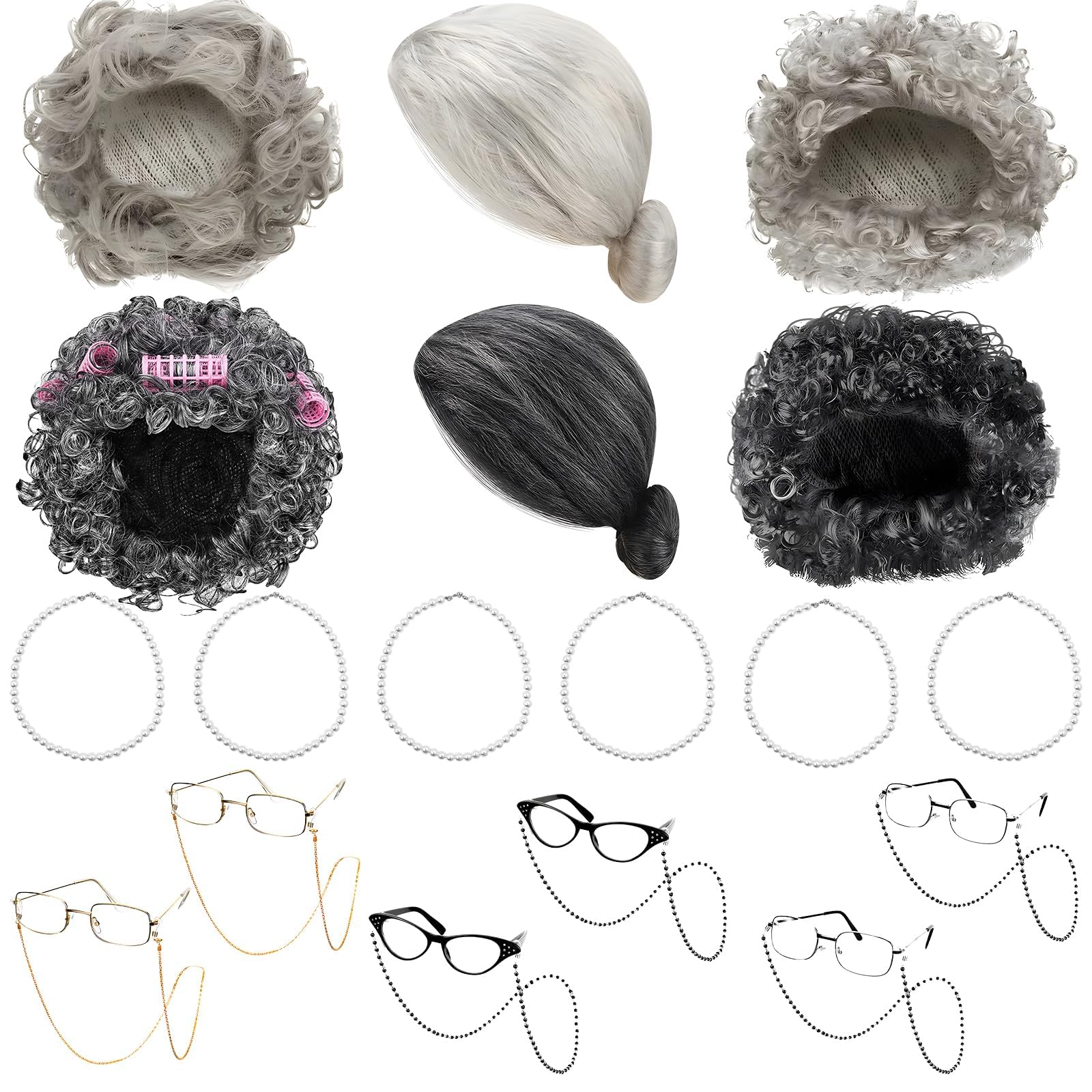 24 Pcs Old Lady Granny Wig Set, Gray Grandma Wig Cap Bulk with Glasses Pearl Necklace, Grandmother Fancy Dress Kit for 100th Day of School Cosplay Dress Up Party World Book Day