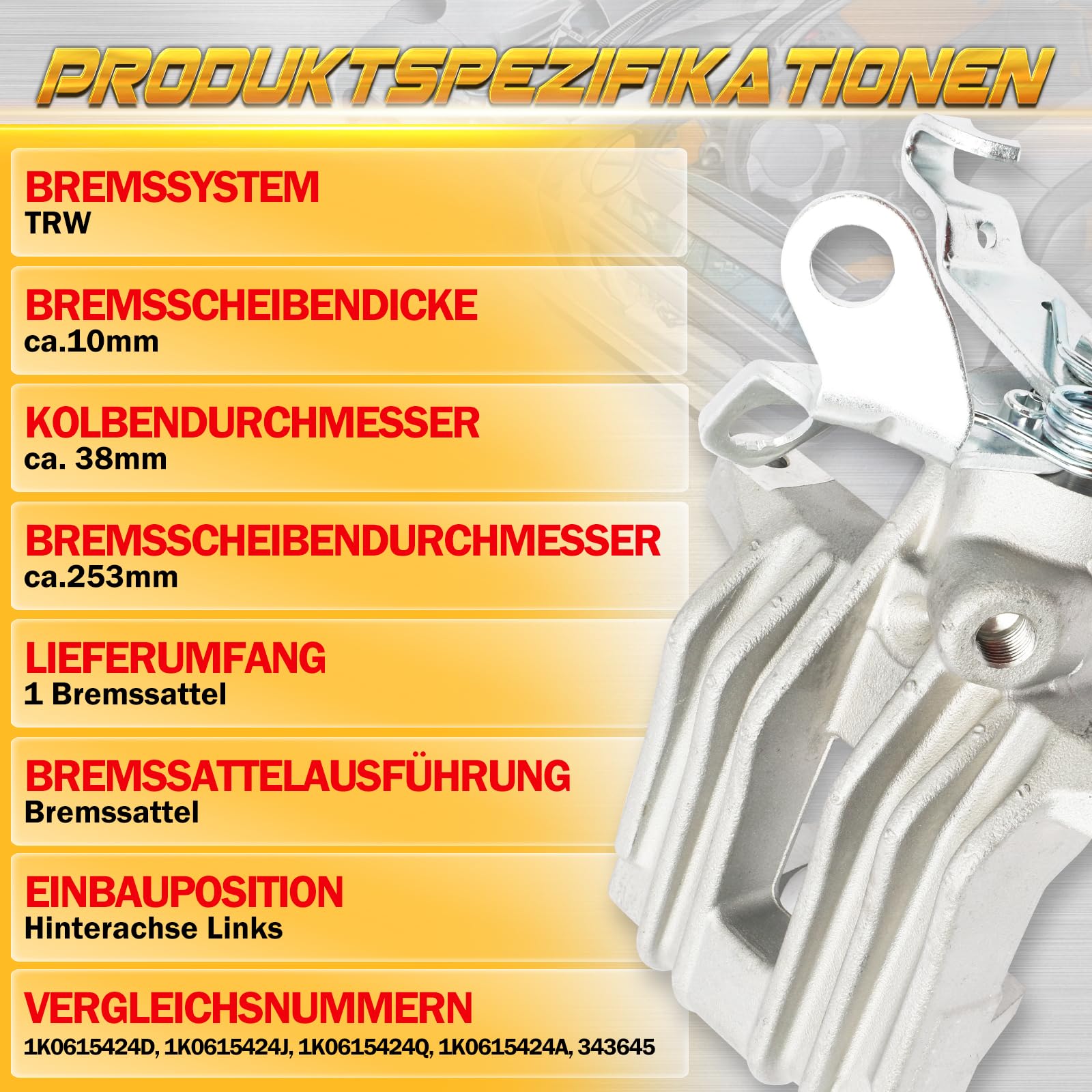 Bremssattel Bremszange Hinten Rechts Kompatibel mit Audi A3|Kompatibel mit VW,EOS,Golf Plus|Kompatibel mit Skoda Octavia II|Kompatibel mit Seat Altea,2003-2019#1K0615424J