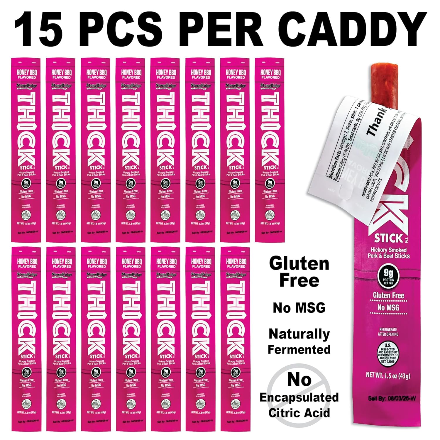 THICK STICK - STONERIDGE OLD-FASHIONED QUALITY HONEY BBQ - Hickory Smoked Pork and Beef Snack Sticks, Gluten Free, No MSG, 15 Count, THICK 1.5 oz Sticks, High Protein, Soy Free, 15 Count