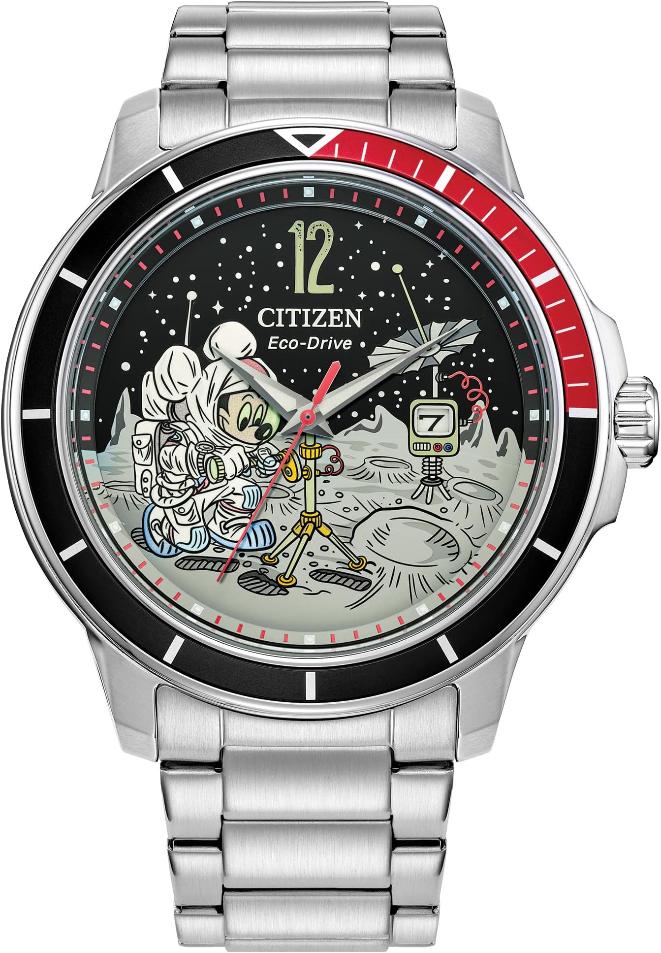 Eco-Drive Men's Mickey Astronaut Stainless Steel Watch, Red and Black Bezel, (Model: AW1709-54W)