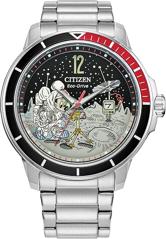 Citizen Eco-Drive Mens Mickey Astronaut Stainless Steel Watch, Red and Black Bezel, Model AW1709-54W