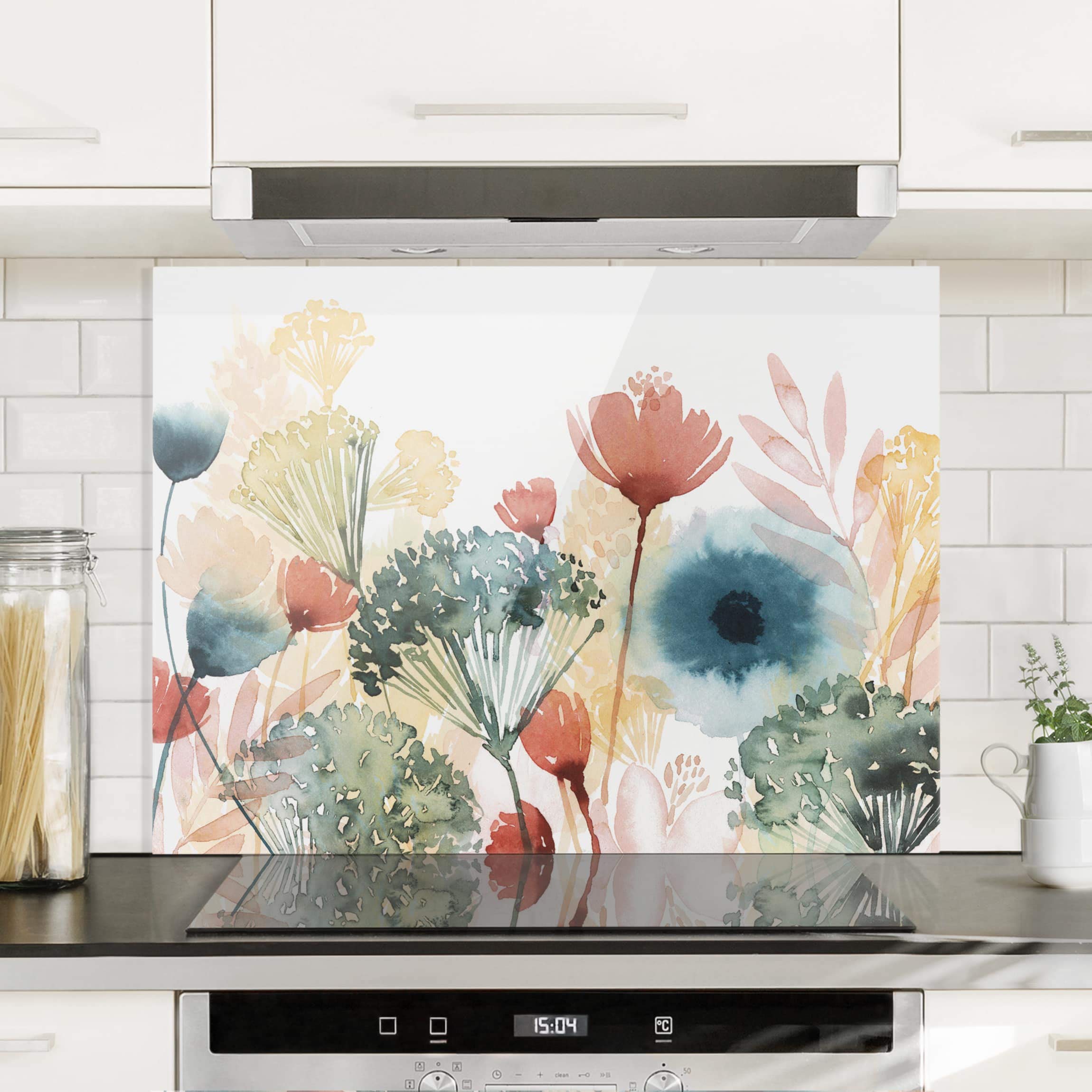 Fond de hotte avec support épaisseur 4mm fleurs crédence cuisine avec motif verre trempé panneau mural blanc crédence en verre aquarelle style maison de campagne cuisine 3307 (80x59cm)