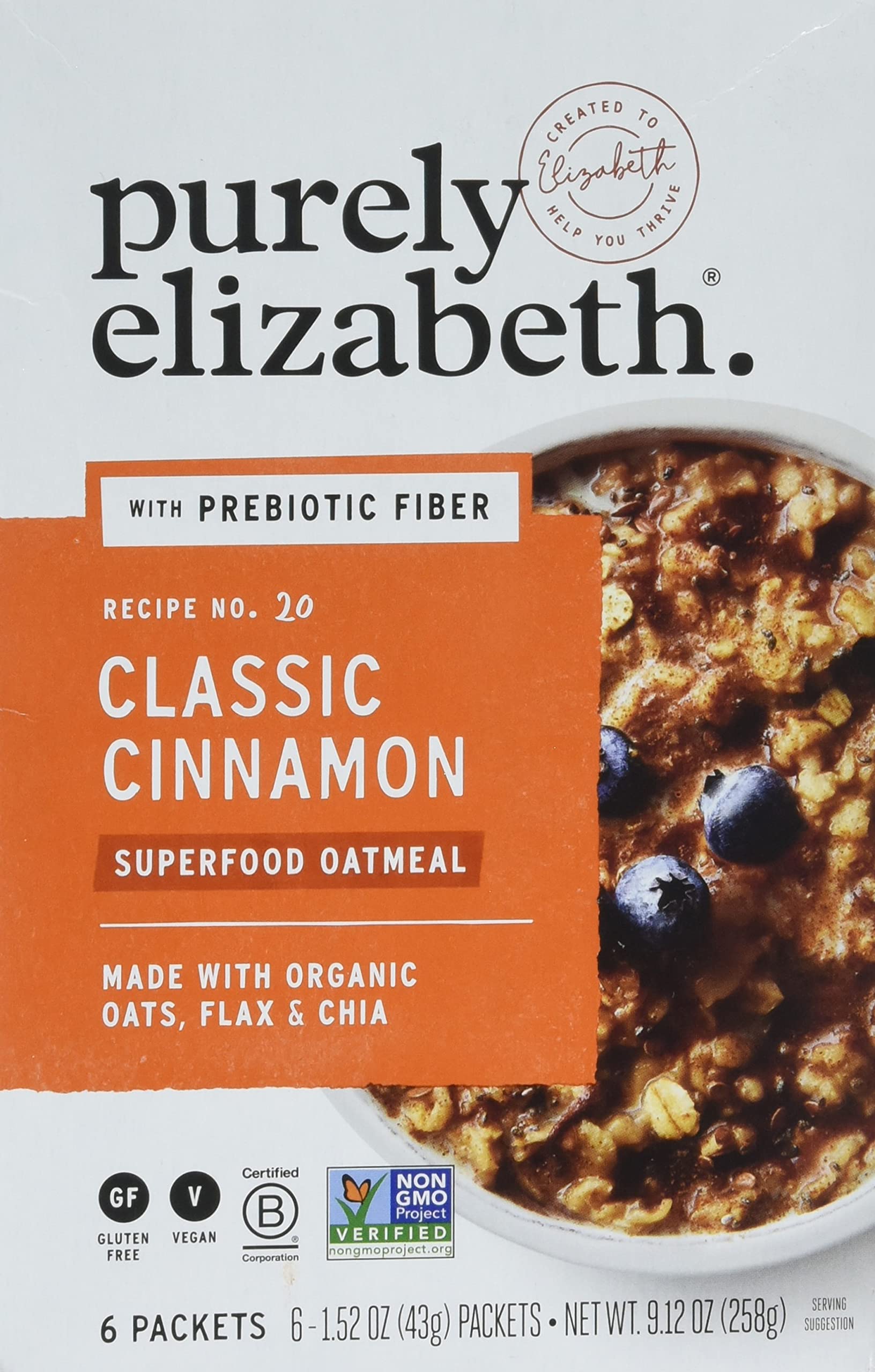 Purely Elizabeth, Superfood Vegan Oatmeal, Classic Cinnamon, 9.12 Oz, 6 Packets