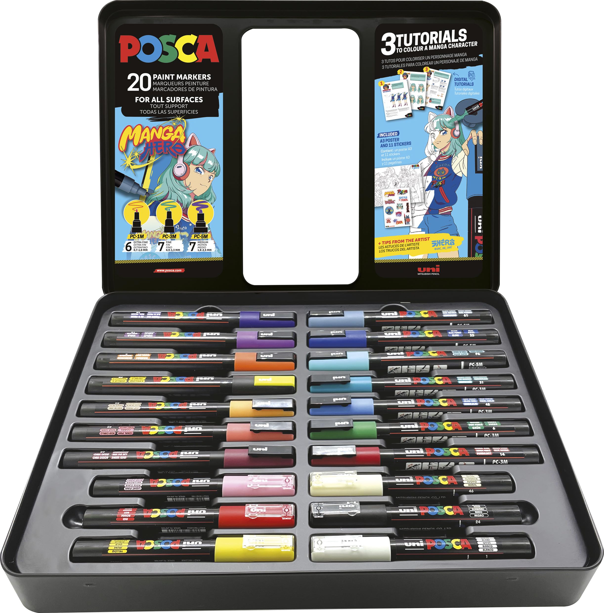 Posca Uni Valigetta Metallo 20pz Marcatori Pennarelli Assortiti Manga Hero | Pennarello con punte da 0,7-2,5 mm, inclusi poster e adesivi