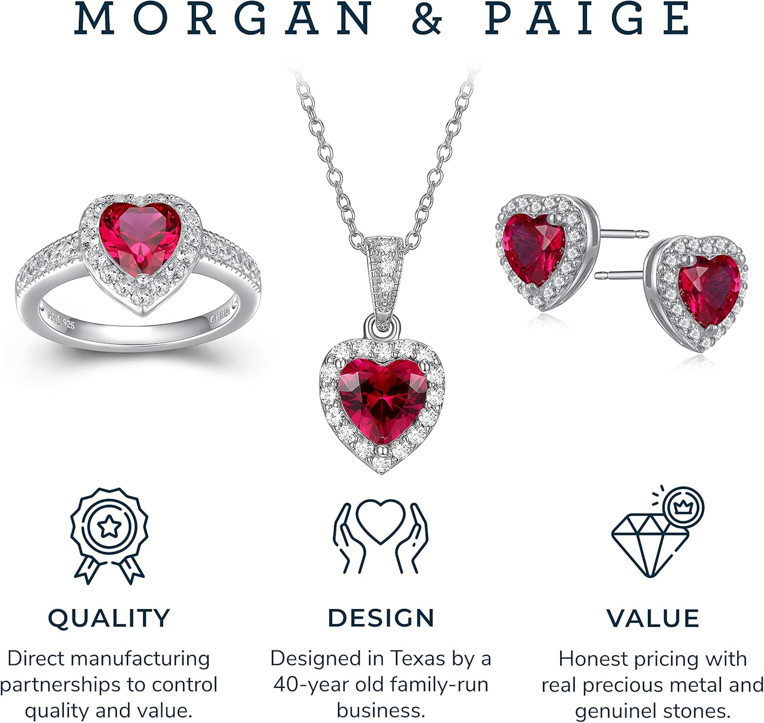 MORGAN & PAIGE .925 Sterling Silver Gemstones and White Sapphire Halo Heart Pendant Necklace, Ring and Stud Earrings for Women Set - Birthstone Jewelry Sets for Women, 18in Cable Chain, Size 7 Ring - Image 7