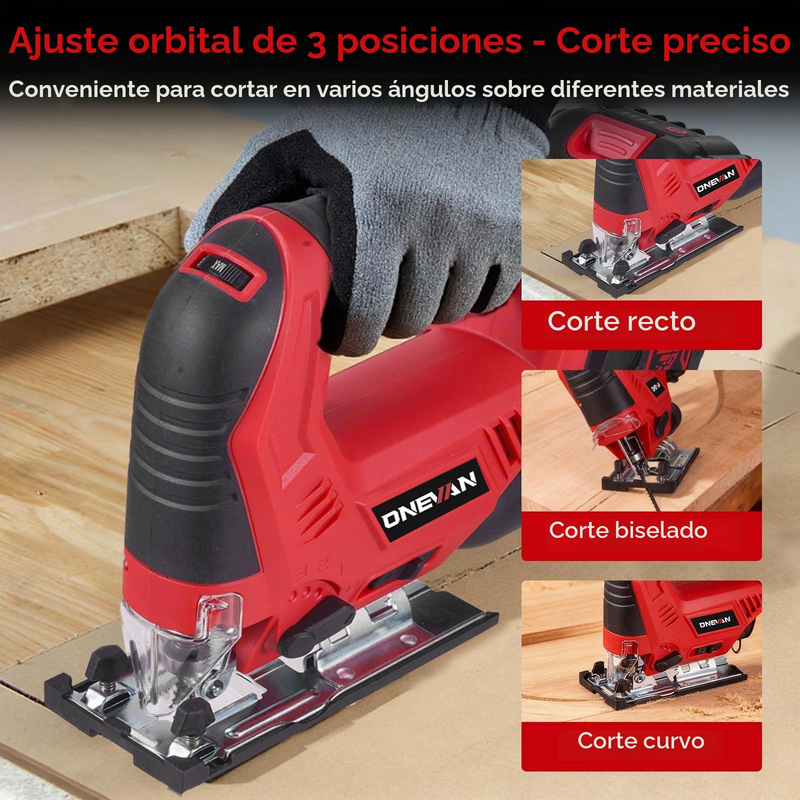 ONEVAN Sierra de Calar Inalámbrica Conexión Aspirador 24mm 2x3,0Ah | 3 ajustes orbitales, ±45° inglete, 7 velocidades, LED y aspiración integrada, corte madera 56mm y acero 6mm, Para bricolaje