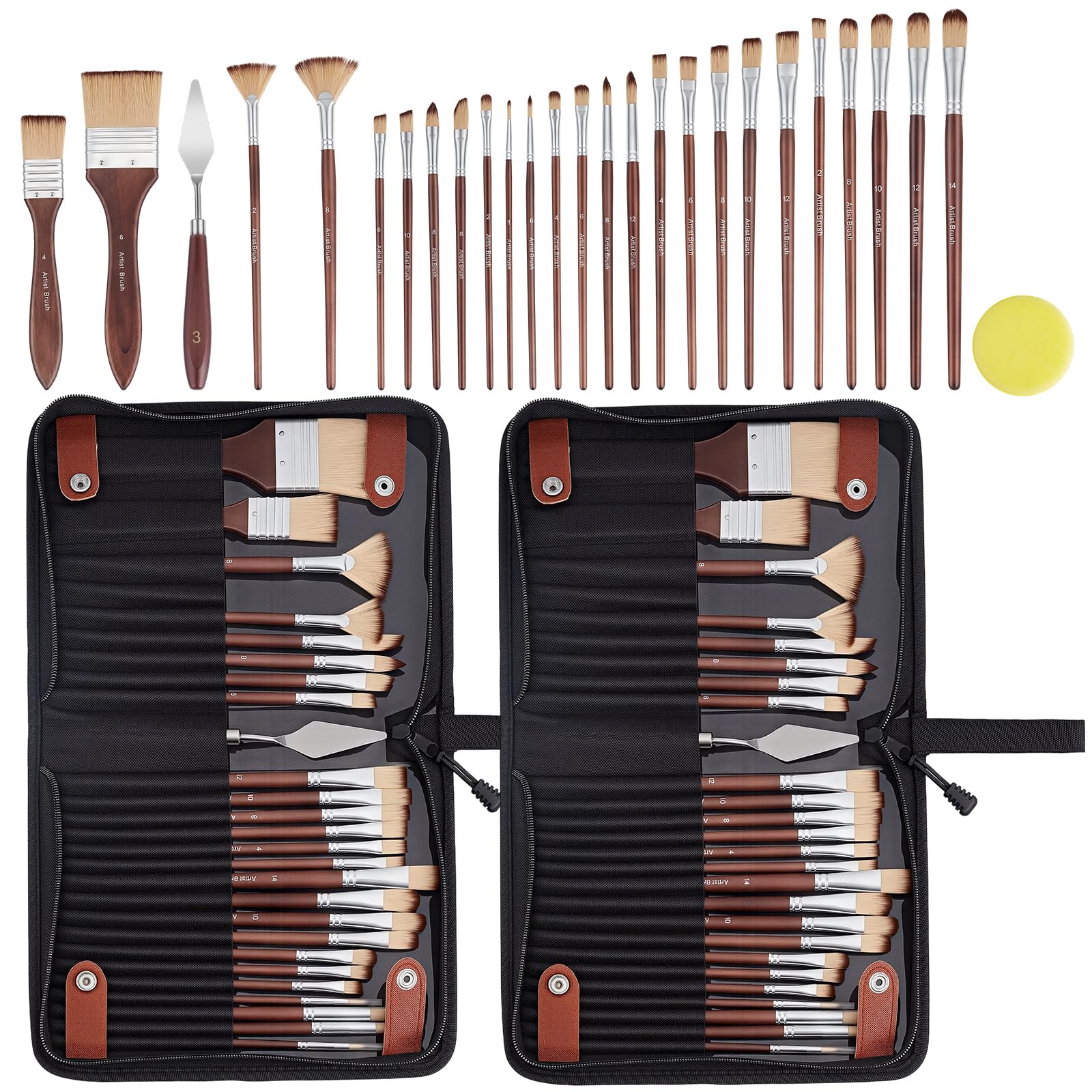 Juego de 2 pinceles de nailon con mango de madera, pinceles de pintura al agua, cepillos profesionales con espátula de pintura y bolsa para artistas, uso profesional, accesorios de arte