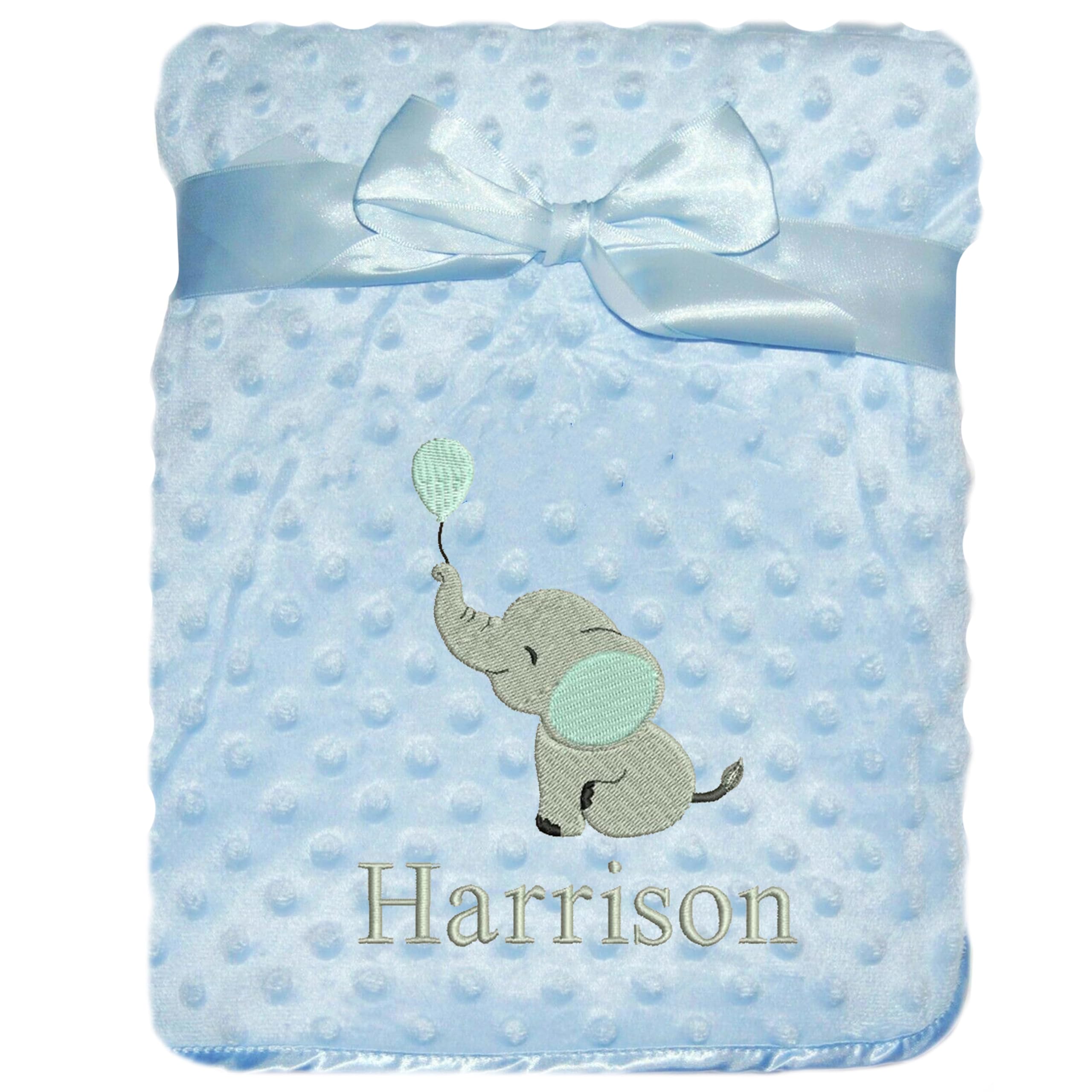 JJLC Personalised Baby Bobble Blanket Embroidered Elephant & Name Soft Fleece Wrap Boys Girls (Blue Bobble)
