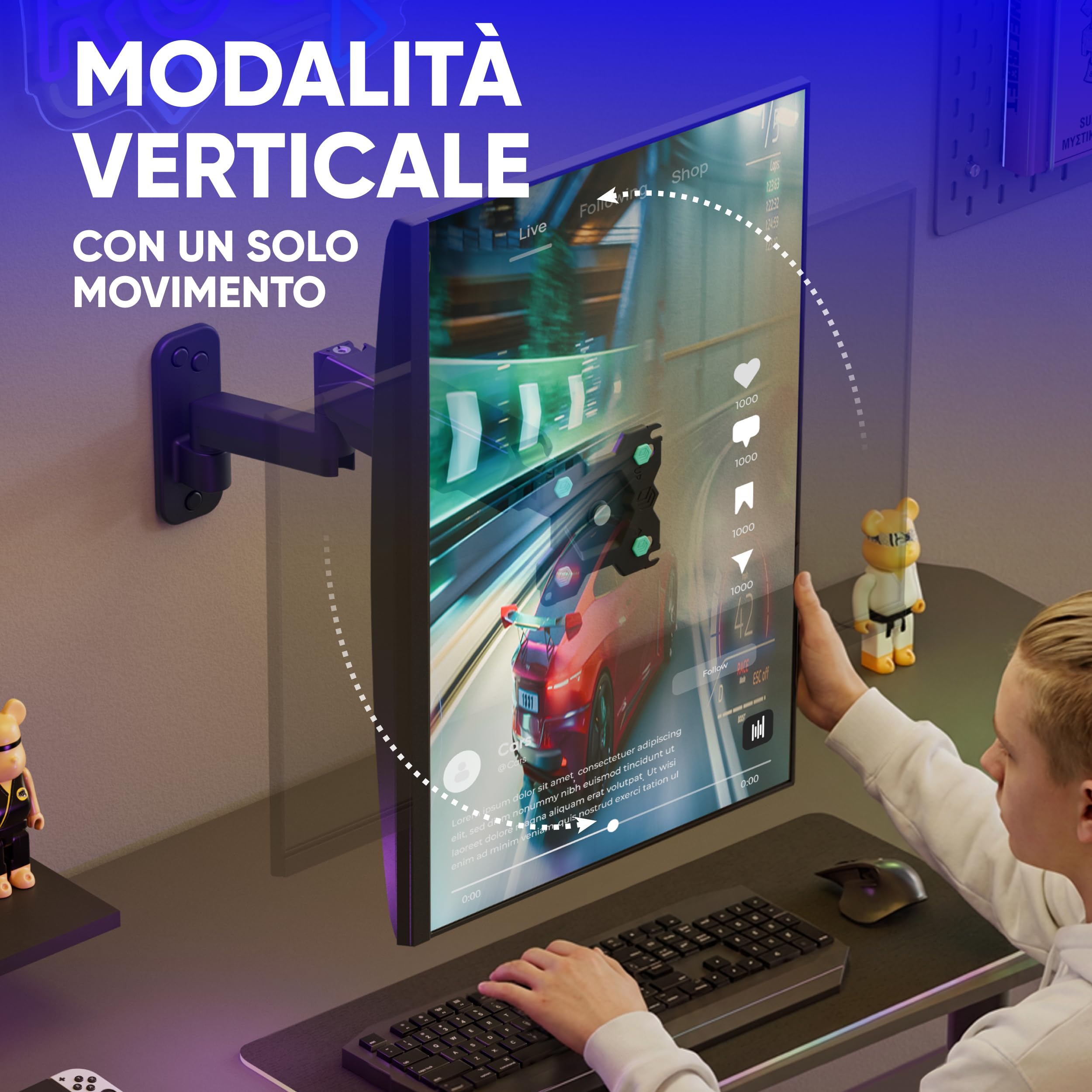 ONKRON Supporto Monitor Parete 13"-34", 8 kg, max VESA 100x100, G150-B | Braccio monitor da parete nero, inclinazione -45° / +90°, girevole, rotazione completa, cavi nascosti; per ufficio, studio