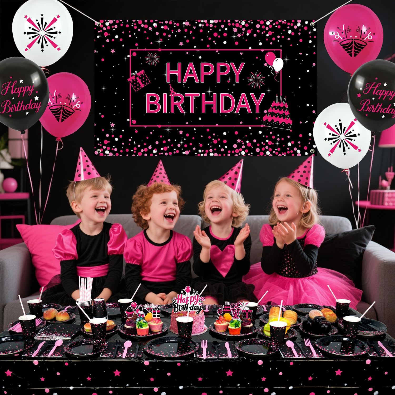 Pink Black Birthday Party Decorations - Pink and Black Party Supplies including Backdrop, Plates, Cake Toppers, Cups, Napkins, Balloons, Tablecloth - Serves 20
