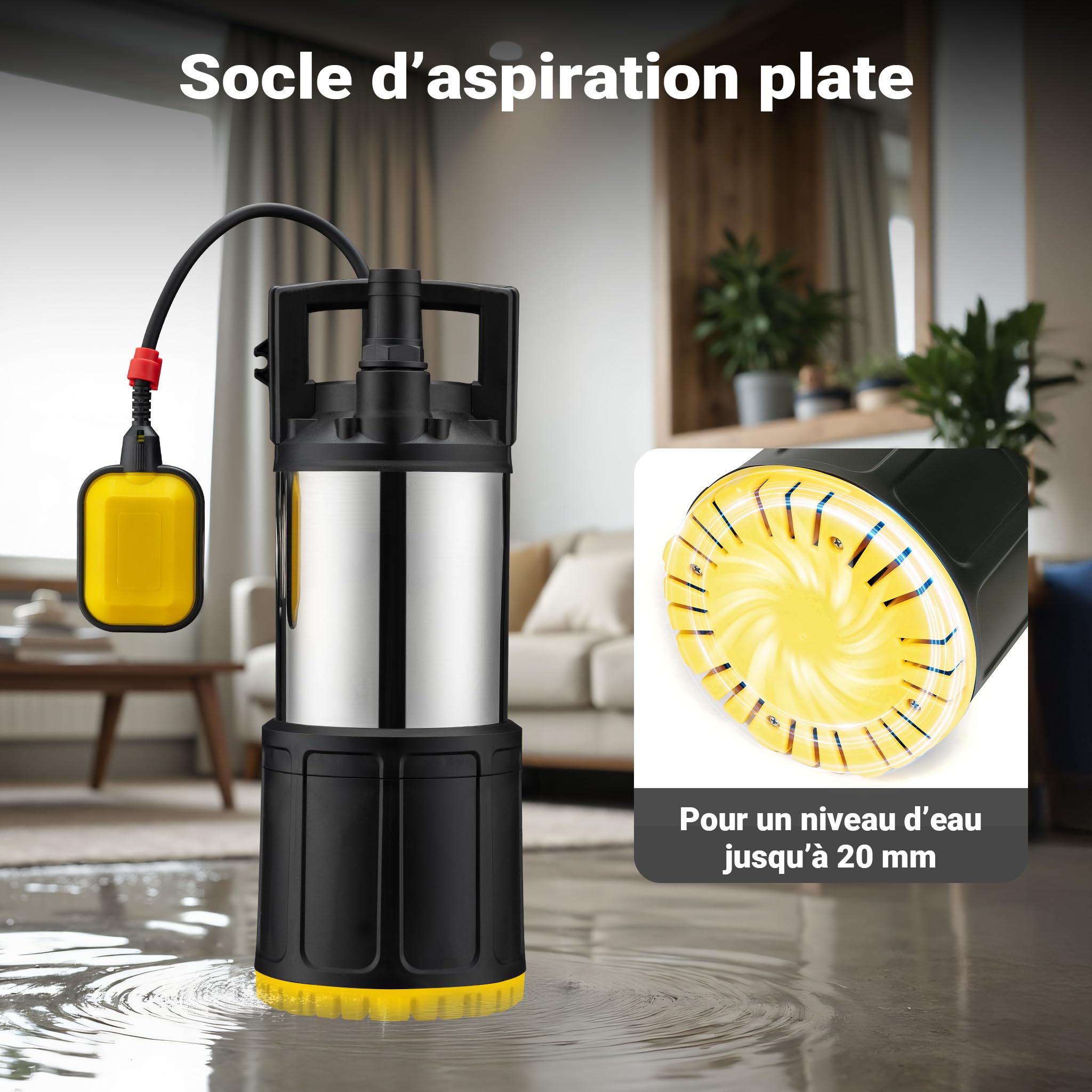 Wiltec Pompe à eau immergée 1000 W – 5500 l/h – Refoulement max. 30 m, profondeur max. 7 m – en PPO et acier – avec Interrupteur à flotteur, Thermorégulateur – Pompe submersible Eau propre