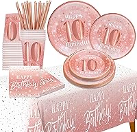 Vista 1 de Decoraciones de cumpleaños número 10 para niña (total de 121 piezas), suministros de cumpleaños de oro rosa, platos, servilletas, vasos, pajitas