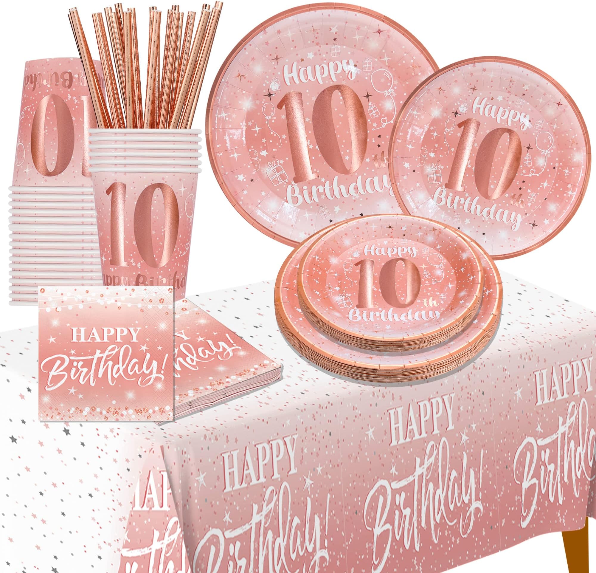 10th Birthday Decorations for Girl - (Total 121pcs) Rose Gold Birthday Supplies Plates and Napkins, Cups, Straws, Tablecloth, Disposable Tableware for 24 Guests