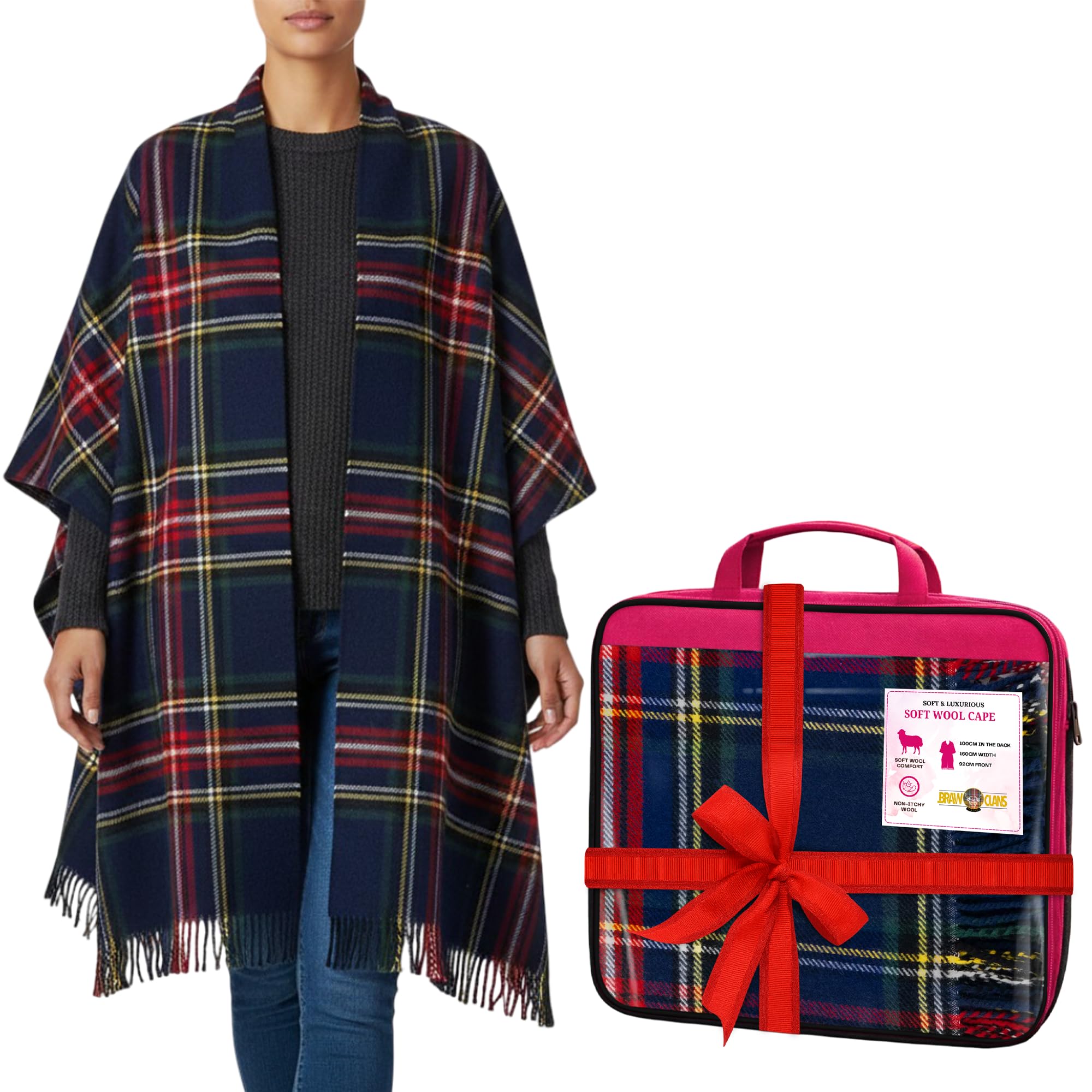 BRAW CLANS TARTANS Soft wool Tartan Poncho Blanket cape made in Scotland - Ruana cloak style - full body shawl - Mothers day Gift - Home, Travel, Camping - Stewart Navy Tartan