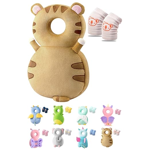 JEJA Baby Kopfschutz, Verstellbare Schutzkissen Baby, Safety Guard Kissen für Kinder 4-24 Monate - Tiger mit Knieschoner Baby Krabbeln