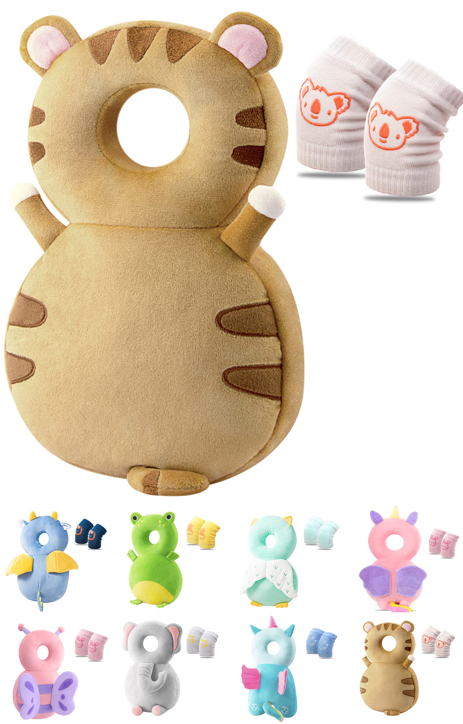 JEJA Baby Kopfschutz, Verstellbare Schutzkissen Baby, Safety Guard Kissen für Kinder - Tiger mit Knieschoner Krabbeln