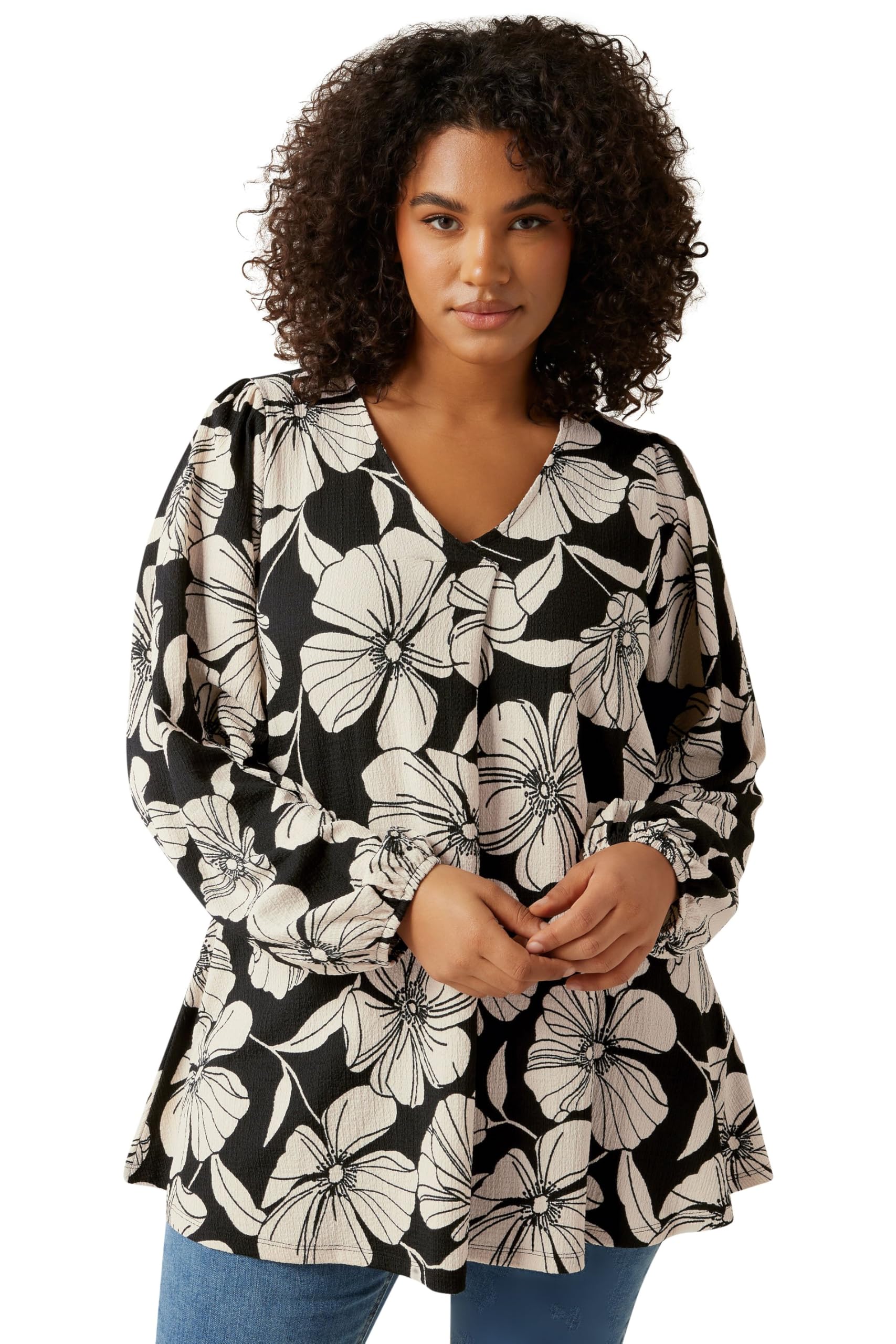 Evans Women's Black Curve Contrast Floral Jersey Crepe Top - Plus Size Curve