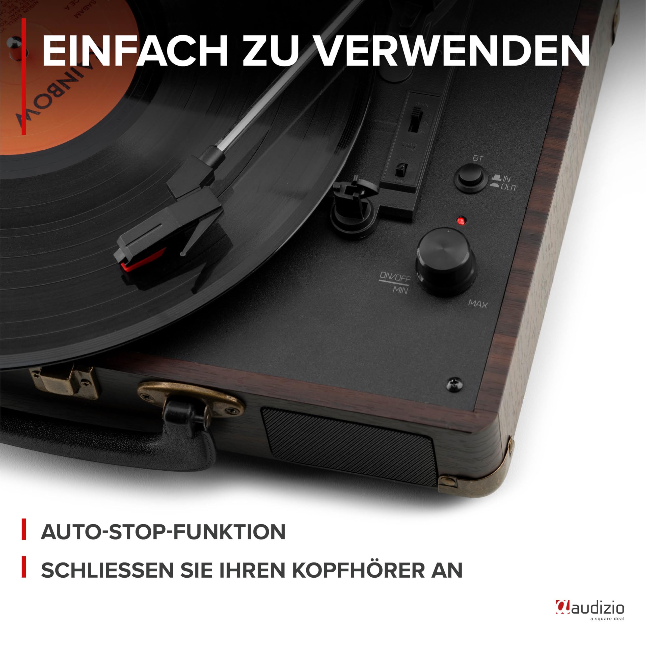 Audizio RP116DW Plattenspieler mit Lautsprecher - Vinyl Player 3-Gang Antrieb, Plattenspieler Bluetooth 5.0, Schallplattenspieler mit Riemenantrieb 33/45/78, Auto-Stop, Digitalisieren mit USB, AUX