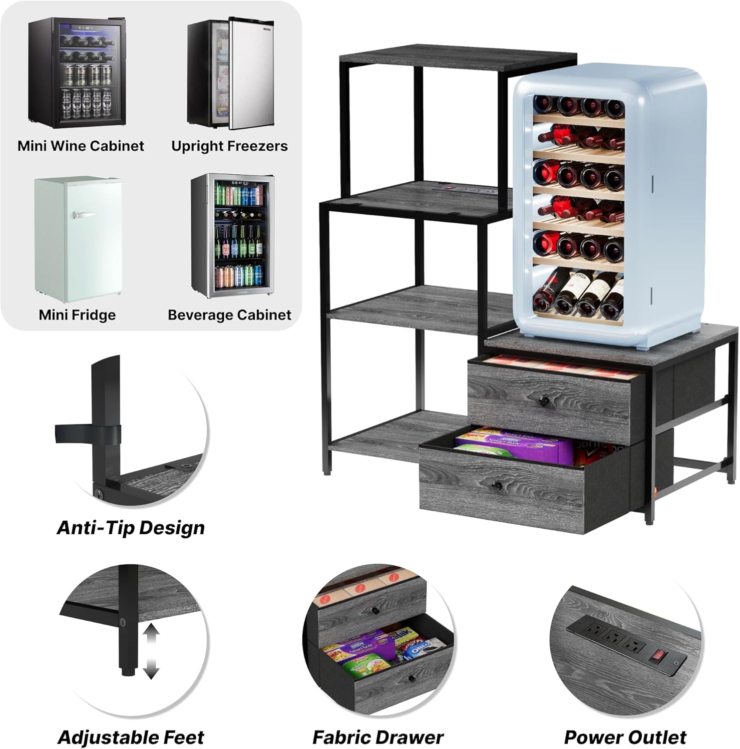 Mini Fridge Stand with Storage, Bakers Rack with Power Outlet, 4-Tier and 2 Drawers Kitchen Microwave Shelf, Coffee Bar Cabinet for Home, Charcoal Gray