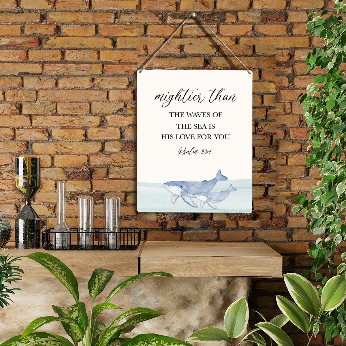 Inspirational Nautical Ocean Whale Decor Mightier Than The Waves of The Sea Psalm 93:4 Wooden Hanging Sign Gift for Baby Kids Girl Boy Nursery Teen Room Bible Verse Wall Art 8 x 10 Inches